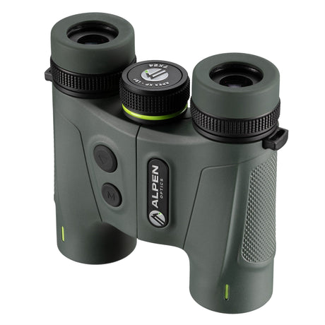 Alpen Apex XP 7x24 LRF binoculars rear three-quarter view showing twist-up eyecups, 7x24 APEX XP LRF model marking on diopter ring, and rubber-armored compact body