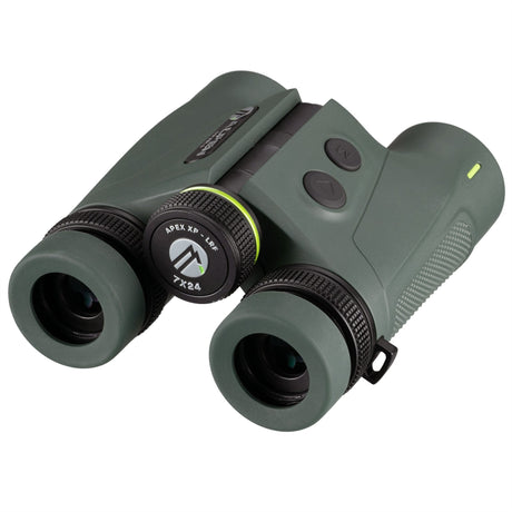 Alpen Apex XP 7x24 LRF binoculars eyepiece end showing APEX XP LRF 7x24 marking, twist-up eyecups, rangefinder buttons, and textured rubber grip panels