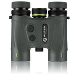 Alpen Apex XP 7x24 LRF binoculars front-facing view showing rangefinder power and mode buttons, Alpen Optics branding, center focus wheel, and green LED indicator accents