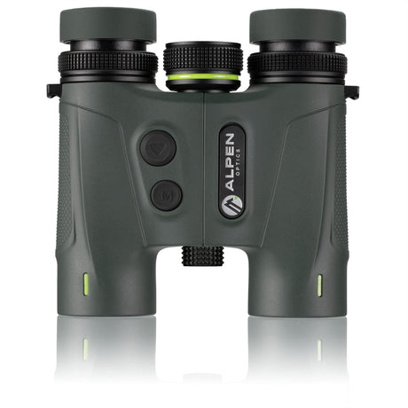 Alpen Apex XP 7x24 LRF binoculars front-facing view showing rangefinder power and mode buttons, Alpen Optics branding, center focus wheel, and green LED indicator accents
