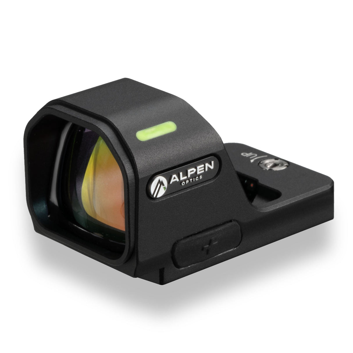 Alpen Argus LT 1x26 open red dot three-quarter front view mounted on the included low RMR mount