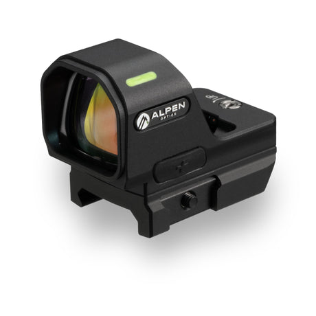 Alpen Argus LT 1x26 open red dot side profile showing the wide 26 by 23 millimeter viewing window and windage turret