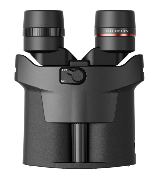 Kite Optics APC Stabilized 30 binoculars -- front view showing eyepieces, focus wheel, and Kite Optics logo