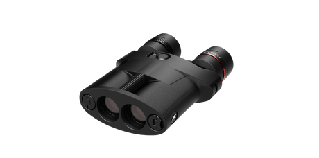 Kite Optics APC Stabilized 30 binoculars -- angled view showing battery covers, strap loops, and rubber armor