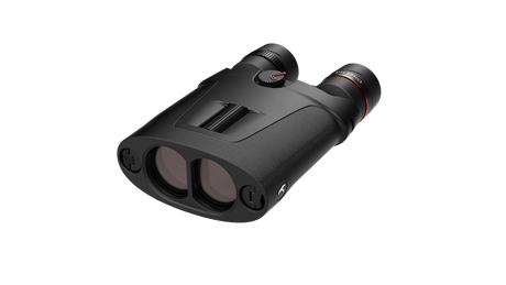 Kite Optics APC Stabilized 42 binoculars — bottom angle showing 42mm objective lenses, battery covers, and strap loops