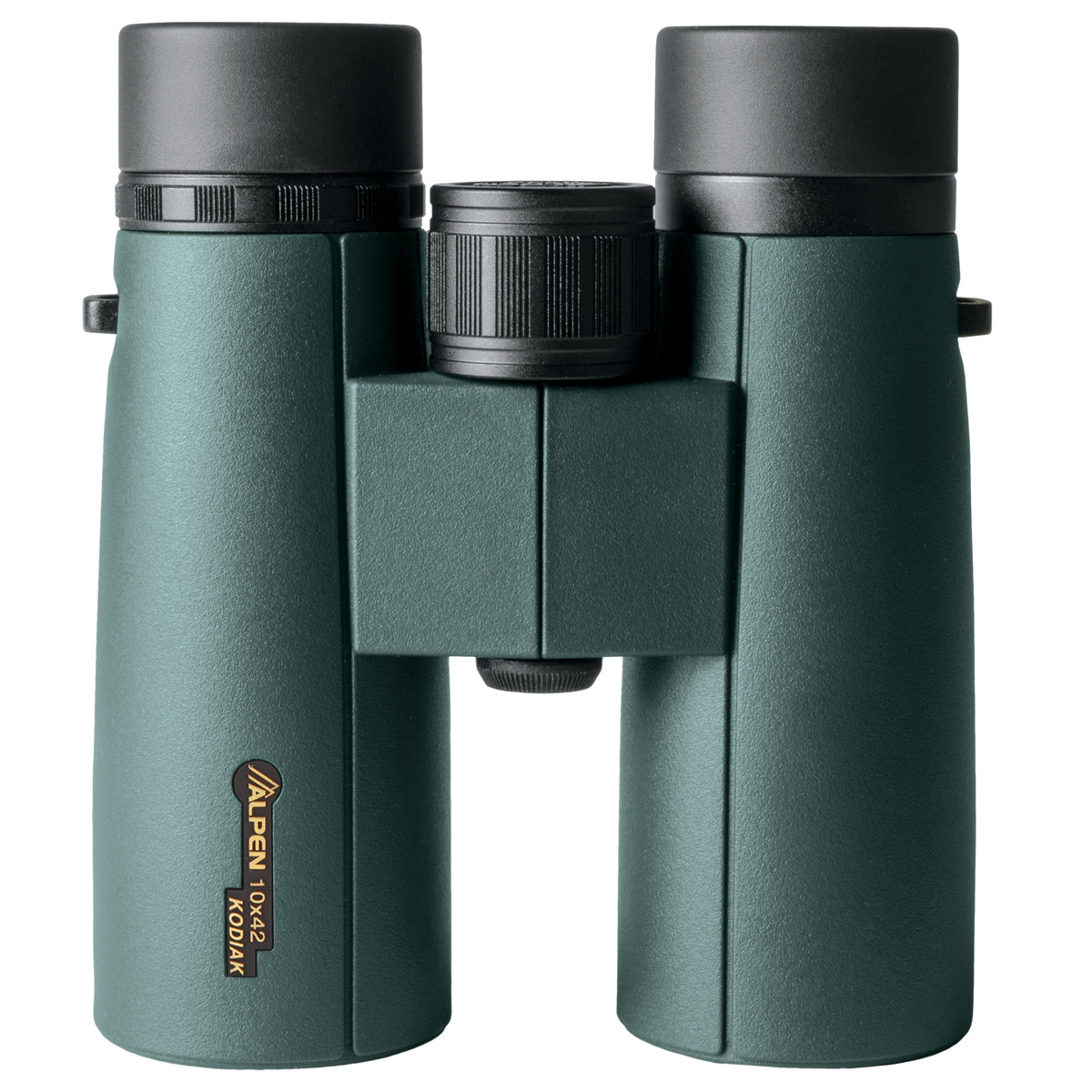 Alpen Kodiak 10x42 binocular standing upright, the Alpen Kodiak 10x42 label on its green body