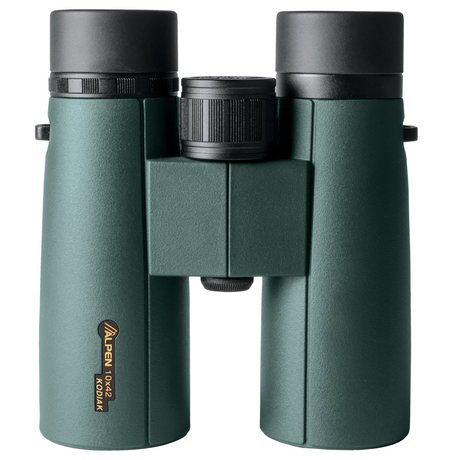 Alpen Kodiak 10x42 binocular standing upright, the Alpen Kodiak 10x42 label on its green body