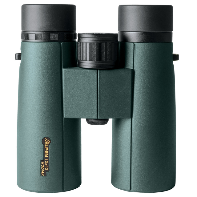 Alpen Kodiak 10x42 binocular standing upright, the Alpen Kodiak 10x42 label on its green body