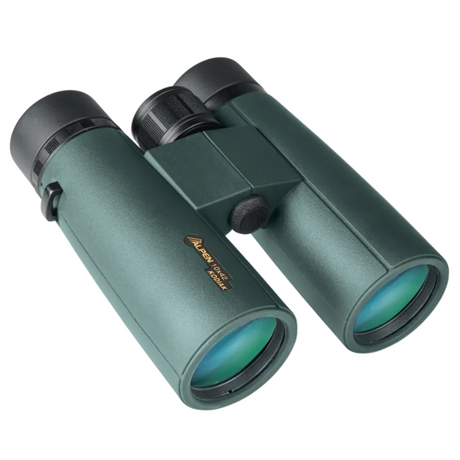 The Alpen Kodiak 10x42 from the objective end, showing the coated objective lenses and its Kodiak 10x42 label