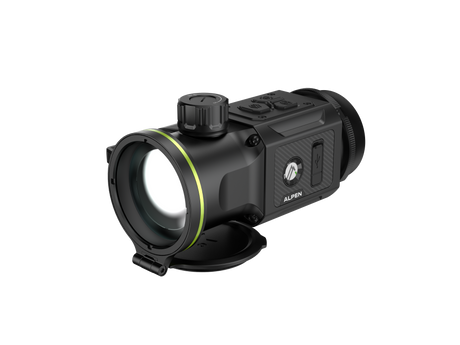 Alpen Apex 640 50mm Thermal Clip-On shown from a 45-degree left angle, displaying the magnesium alloy body and objective lens