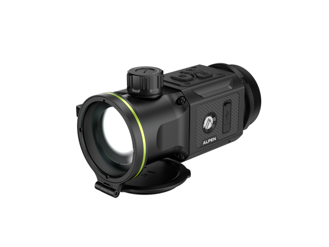 Alpen Apex 640 50mm Thermal Clip-On shown from a 45-degree left angle, displaying the magnesium alloy body and objective lens