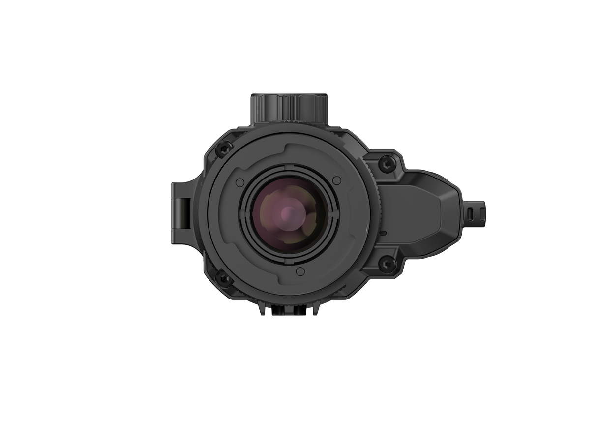 Close-up detail of the Alpen Apex 640 thermal clip-on showing the focus ring and mounting interface