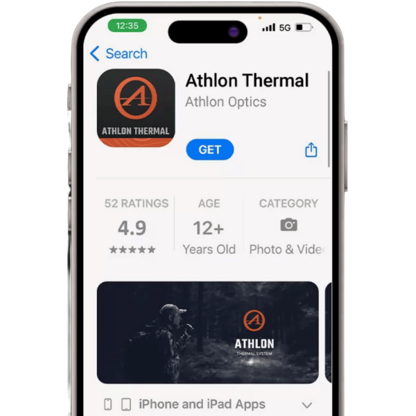 Athlon Thermal mobile app interface showing WiFi live stream, video recording, and image capture features