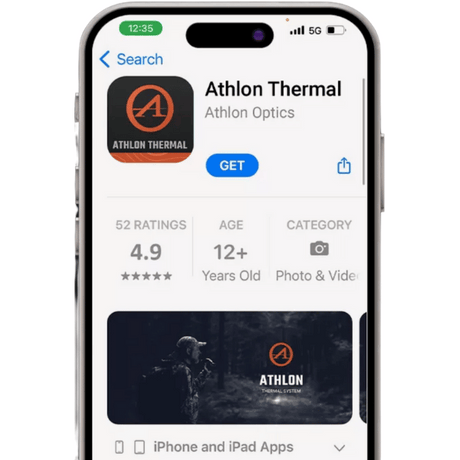 Athlon Thermal mobile app interface showing WiFi live stream, video recording, and image capture features