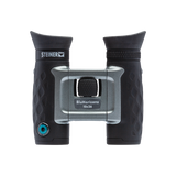 Steiner BluHorizons 10x26 compact binocular, front view showing the silver AutoBright body and BluHorizons 10x26 marking