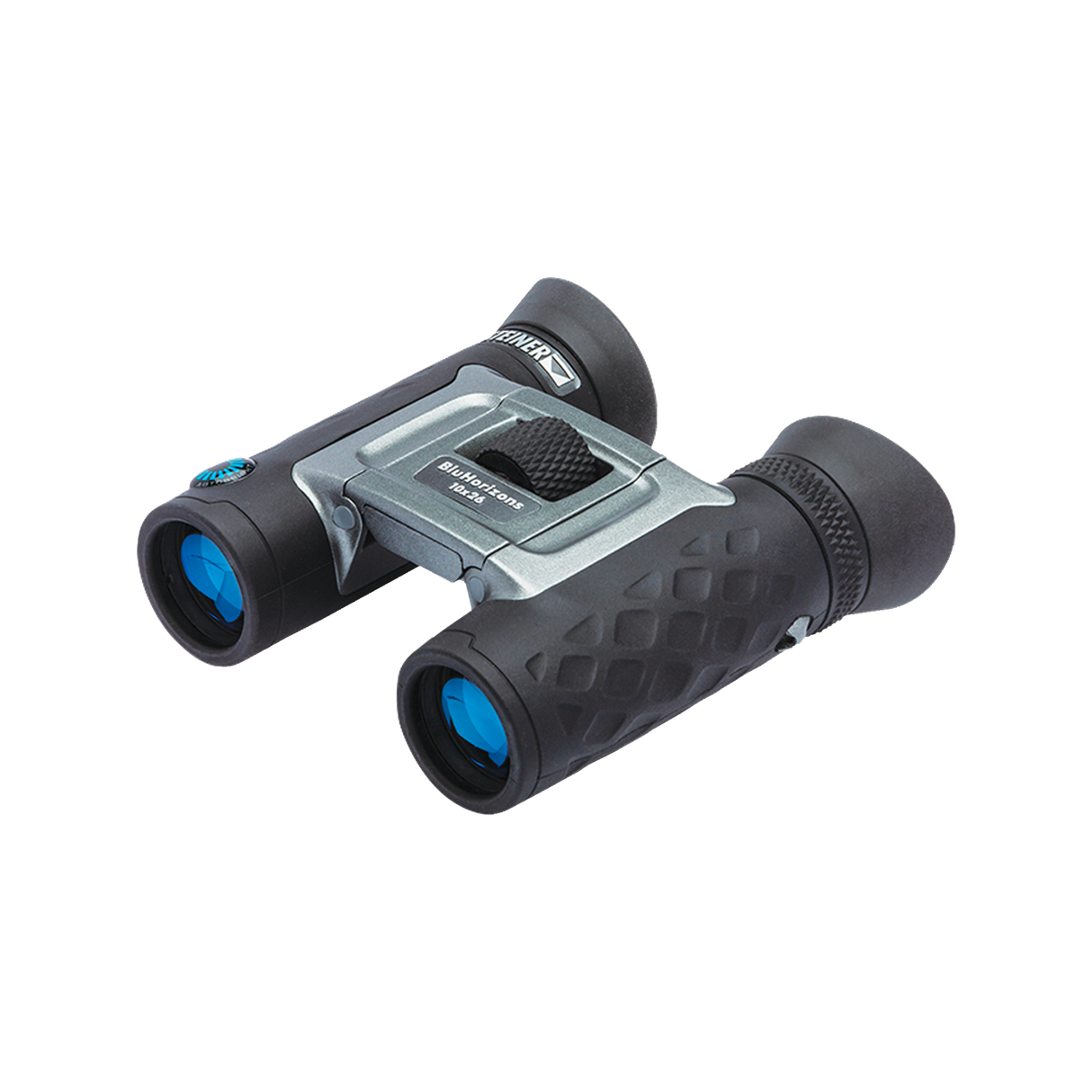 Steiner BluHorizons 10x26 compact binocular, angled view showing the textured NBR rubber armor and blue-coated lenses