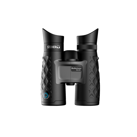 Steiner BluHorizons 10x42 binocular, front view showing the BluHorizons 10x42 marking and teal-coated 42 mm objectives