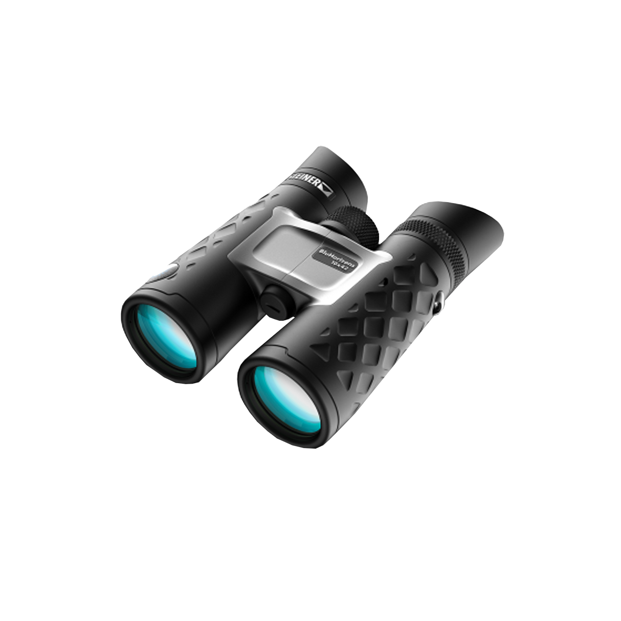 Steiner BluHorizons 10x42 binocular, angled view showing the textured NBR rubber-armored full-size body