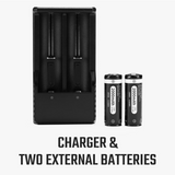 Charger and two external 18500 batteries included with the Athlon Cronus ATS Pro 25P-250