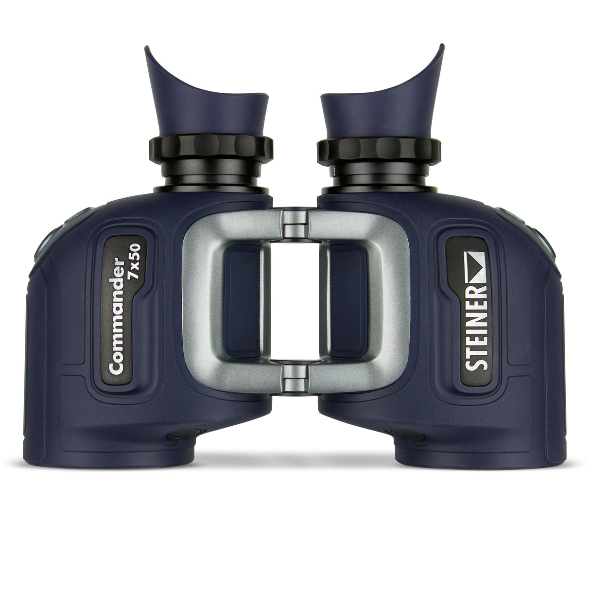 Steiner Commander 7x50 marine binoculars, front view — navy open-bridge body with silver auto-focus bridge and winged Sports-Auto-Focus eyecups