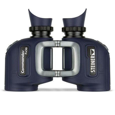 Steiner Commander 7x50 marine binoculars, front view — navy open-bridge body with silver auto-focus bridge and winged Sports-Auto-Focus eyecups