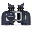 Steiner Commander 7x50c marine binoculars, front view — navy open-bridge body with integrated HD-Stabilized Compass on the left barrel