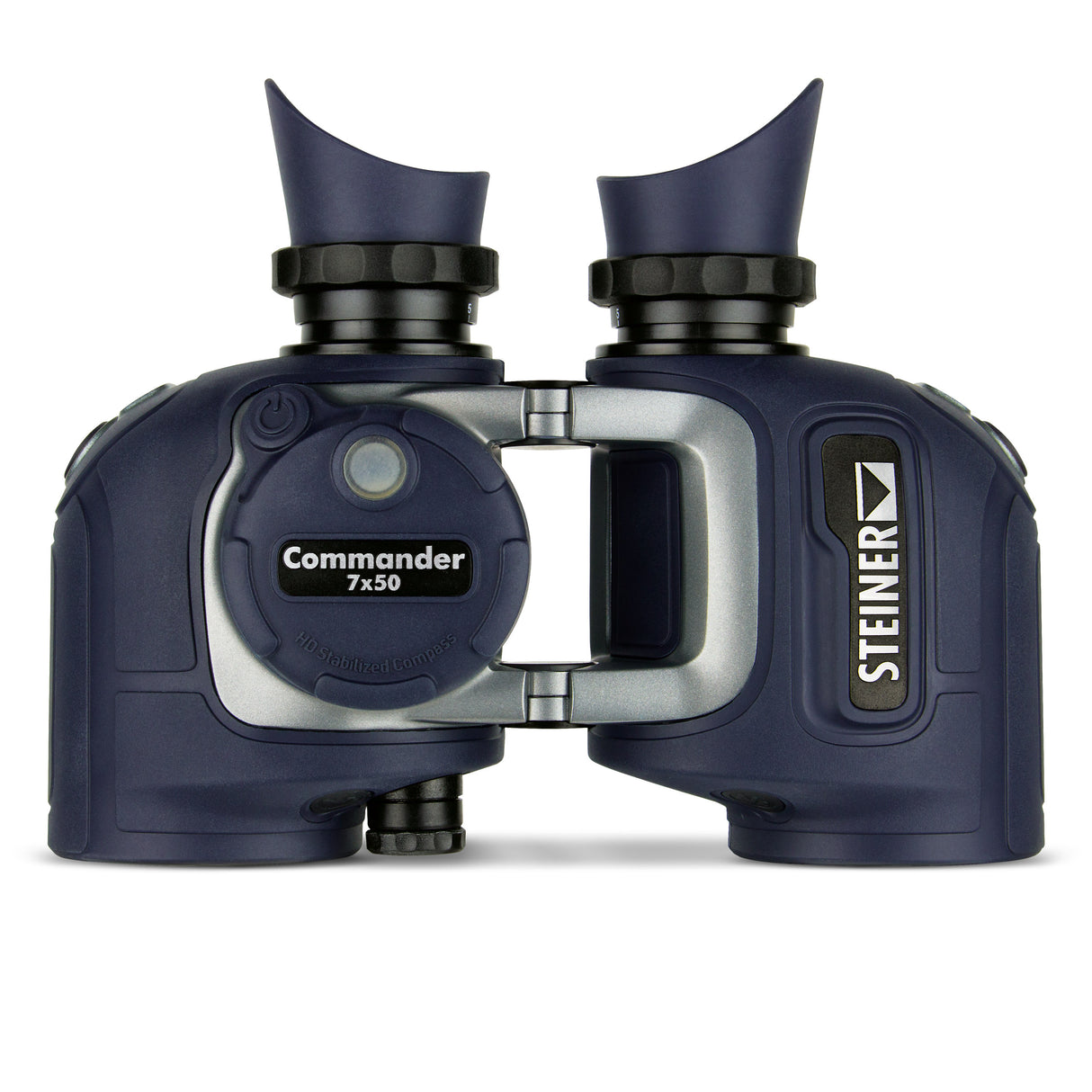 Steiner Commander 7x50c marine binoculars, front view — navy open-bridge body with integrated HD-Stabilized Compass on the left barrel