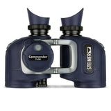 Steiner Commander 7x50c marine binoculars, front view — navy open-bridge body with integrated HD-Stabilized Compass on the left barrel