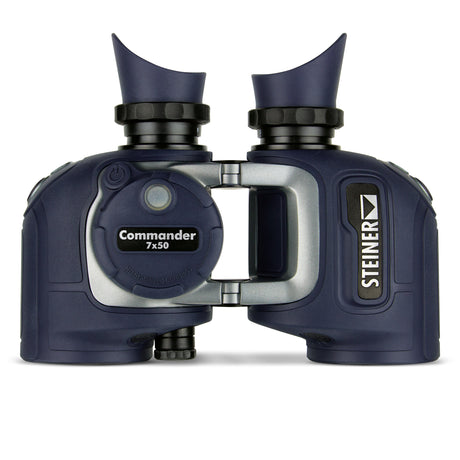 Steiner Commander 7x50c marine binoculars, front view — navy open-bridge body with integrated HD-Stabilized Compass on the left barrel