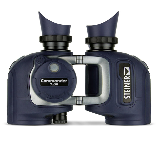 Steiner Commander 7x50c marine binoculars, front view — navy open-bridge body with integrated HD-Stabilized Compass on the left barrel