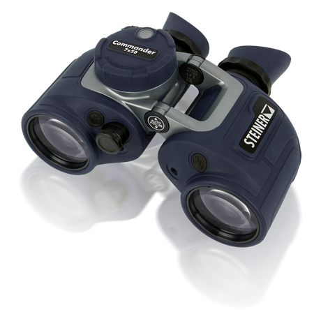 Steiner Commander 7x50c marine binocular, angled view showing the HD-Stabilized bearing compass