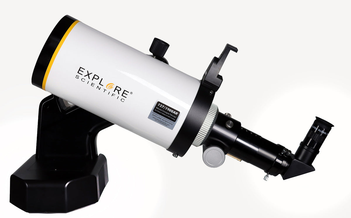 Sidara Pro 127 Maksutov-Cassegrain tube on the GoTo mount base, close-up with diagonal and eyepiece
