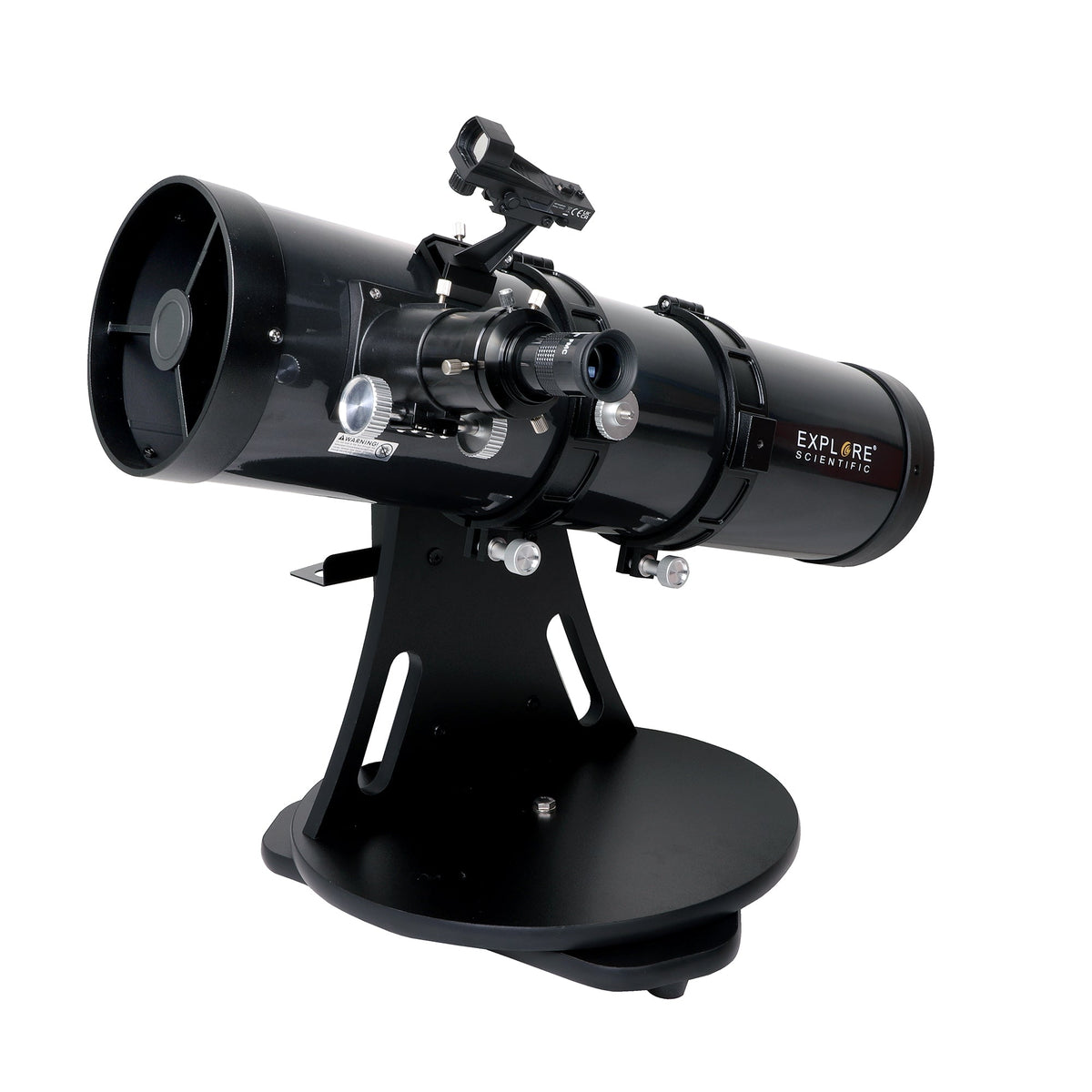 Explore Scientific 6-inch f/5 Tabletop Dobsonian at three-quarter view, showing the rack-and-pinion focuser and red dot finder