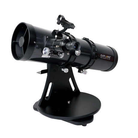 Explore Scientific 6-inch f/5 Tabletop Dobsonian at three-quarter view, showing the rack-and-pinion focuser and red dot finder