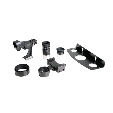 Accessories supplied with the 6-inch Tabletop Dobsonian: red dot finder, 25mm and 10mm Plössl eyepieces, adapter ring, smartphone adapter and eyepiece rack