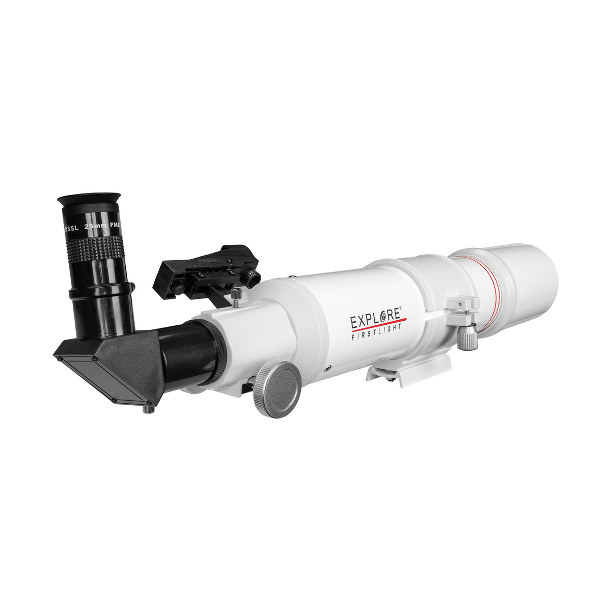 FirstLight 80mm refractor rear view with 90 degree diagonal, eyepiece and red dot finder, Sidara Nano package