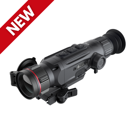 Guide Nova N435 thermal riflescope side profile showing the 35mm objective lens, ocular eyepiece, and magnesium alloy housing