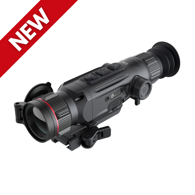 Guide Nova N435 thermal riflescope side profile showing the 35mm objective lens, ocular eyepiece, and magnesium alloy housing
