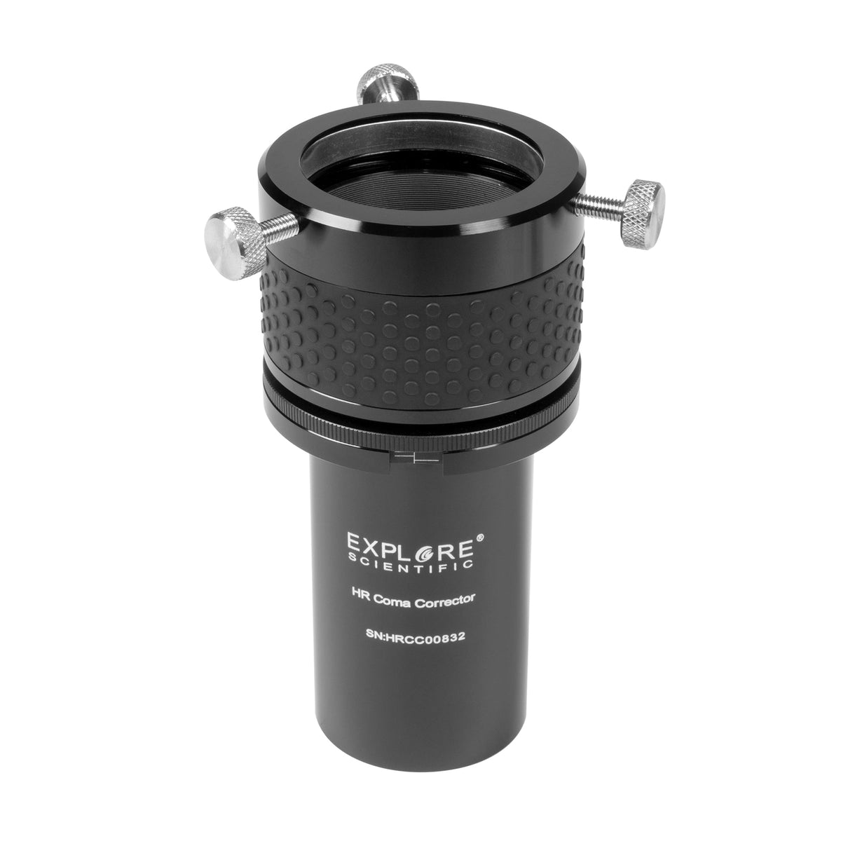 Explore Scientific HR Variable Coma Corrector standing upright, showing the textured helical focuser grip and three locking thumbscrews