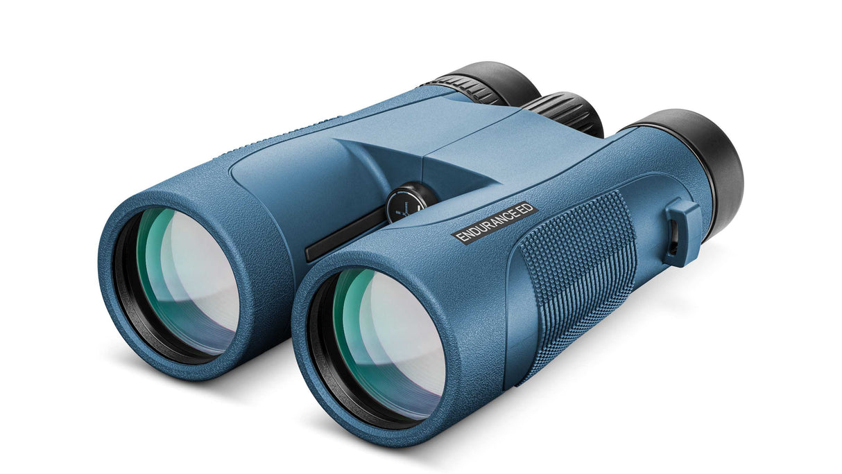 Hawke Endurance ED Marine 7x50 binocular in blue, front three-quarter view showing the ED objective lenses and Endurance ED branding