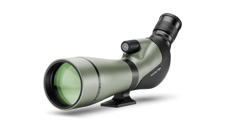 Hawke Nature-Trek 20-60x80 angled spotting scope in green, front three-quarter view showing the 80mm objective, top focus wheel and 45-degree angled eyepiece