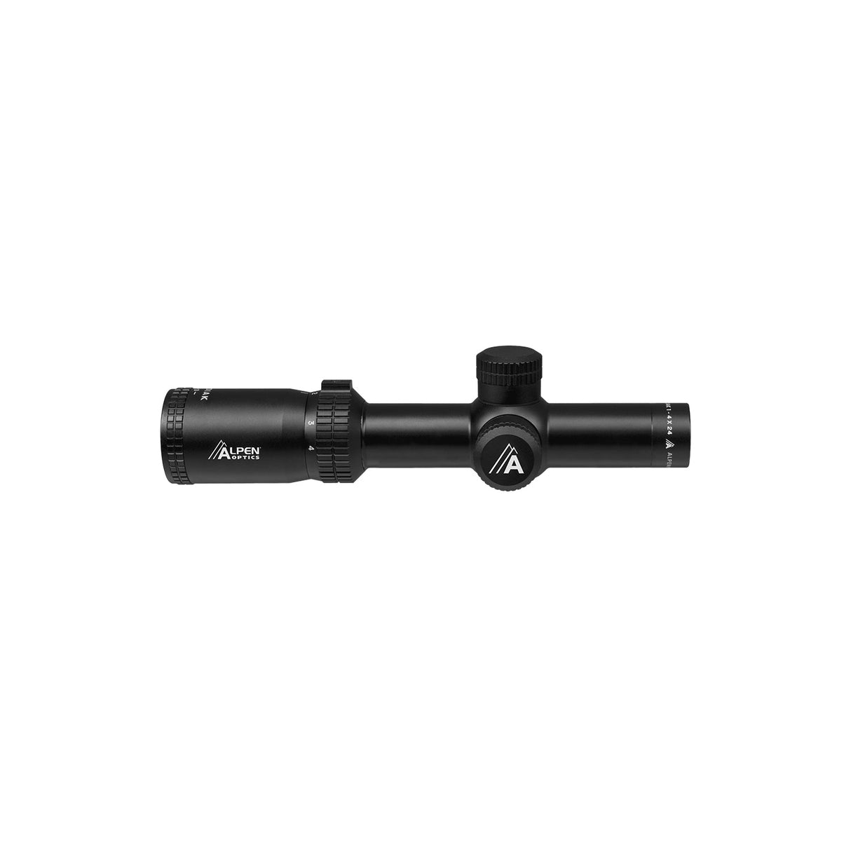 Alpen Kodiak 1-4x24 catalog image showing the LPVO profile with flip-open lens covers attached