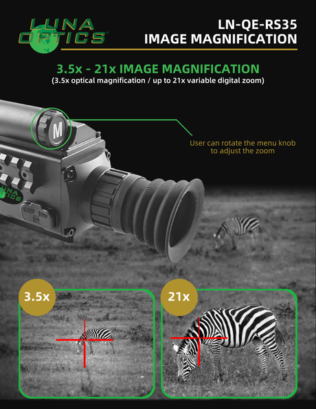 3.5-21x digital magnification range with f/1.1 35mm objective on the QE-RS35