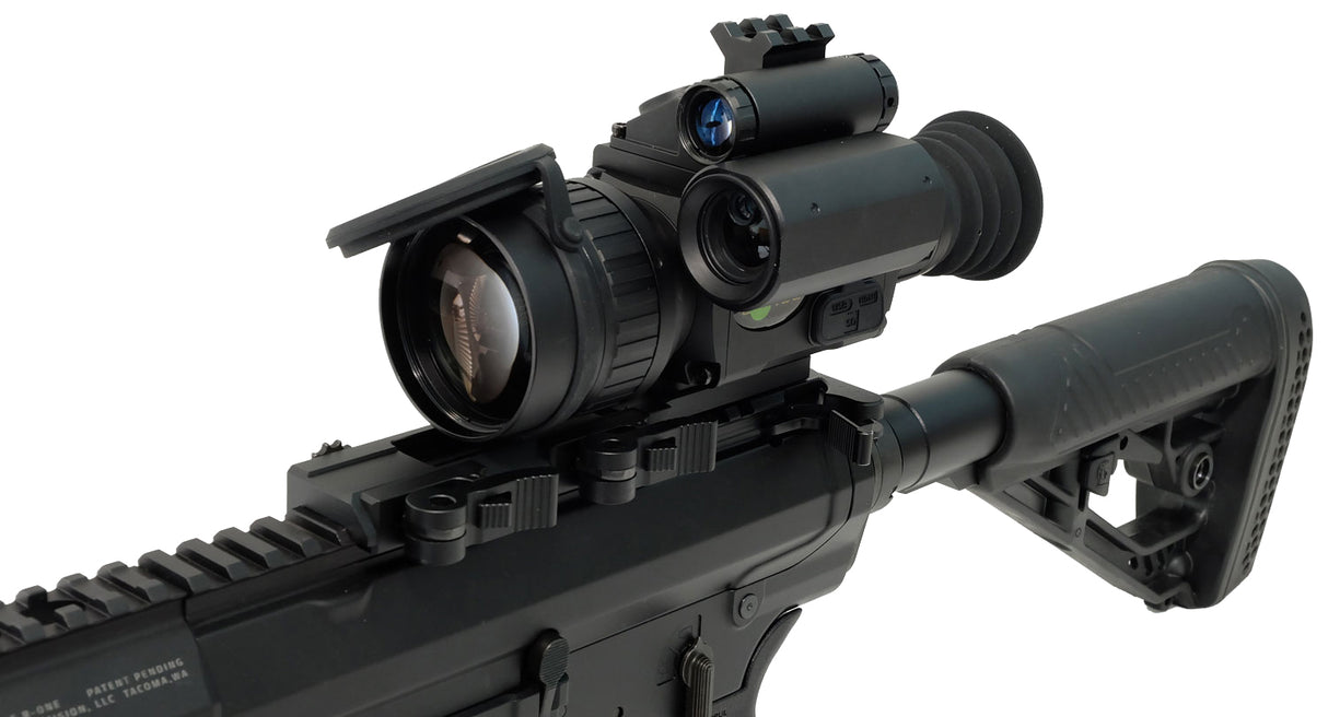 Luna Optics QE-RS50-LRF 4K night vision riflescope with LRF — angled side view showing eyepiece and controls