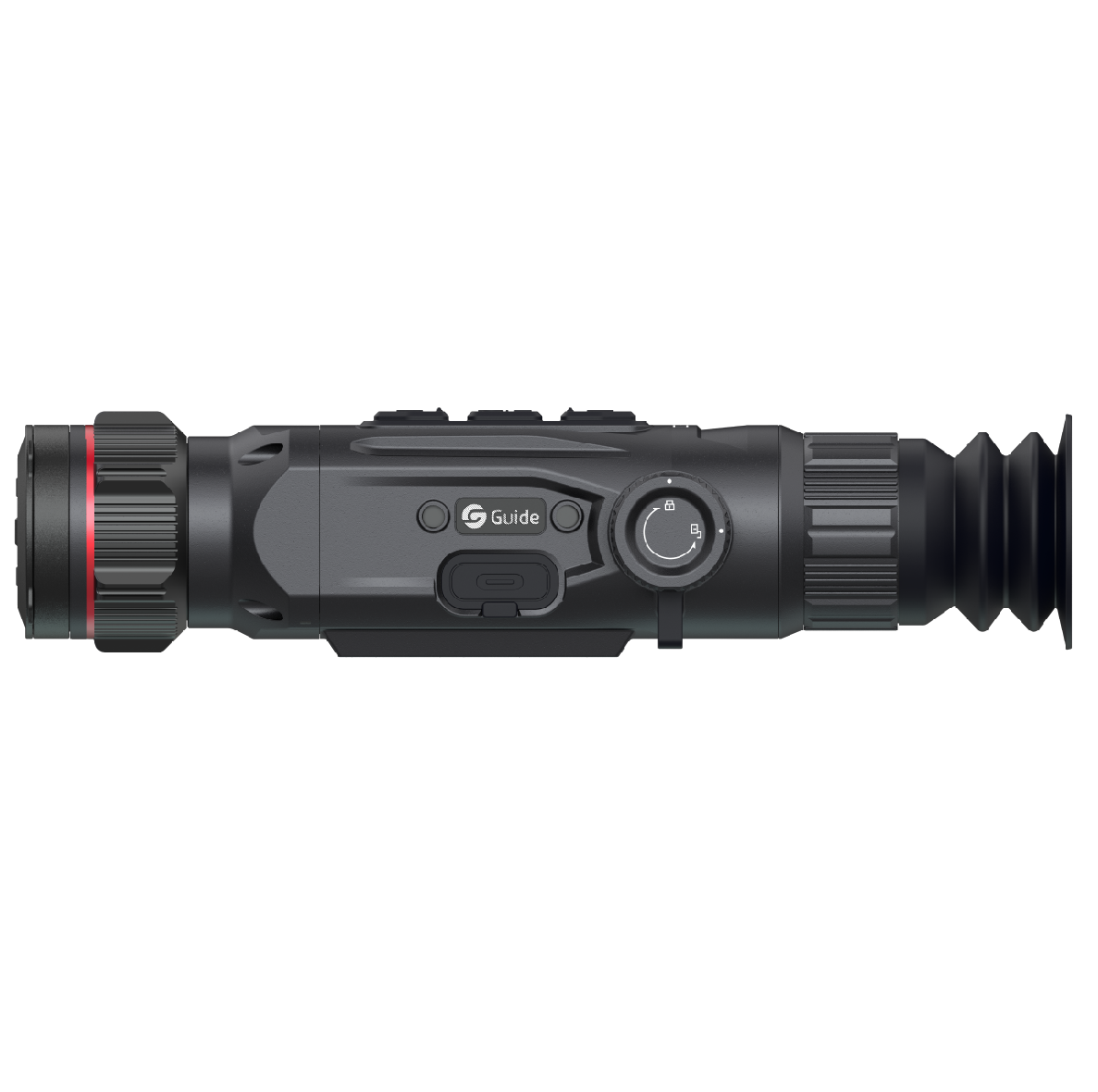 Guide Nova N425 thermal riflescope feature callout showing 400x300 12 micron sensor, 1300m detection range, 25mm F1.0 lens, and TargetIR ballistics integration