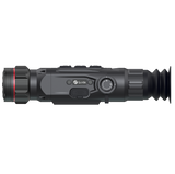 Guide Nova N425 thermal riflescope feature callout showing 400x300 12 micron sensor, 1300m detection range, 25mm F1.0 lens, and TargetIR ballistics integration