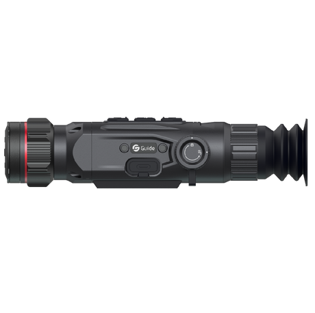 Guide Nova N425 thermal riflescope feature callout showing 400x300 12 micron sensor, 1300m detection range, 25mm F1.0 lens, and TargetIR ballistics integration