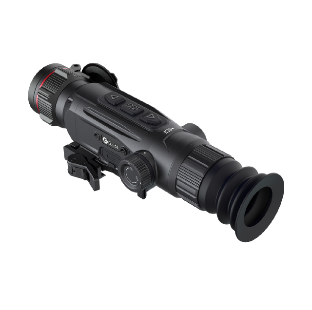 Guide Nova N425 thermal riflescope side profile showing the 25mm objective lens and ocular eyepiece