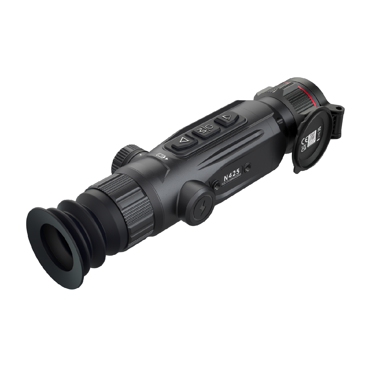 Guide Nova N425 thermal riflescope top view showing the focus knob, mode buttons, and elevation/windage turrets