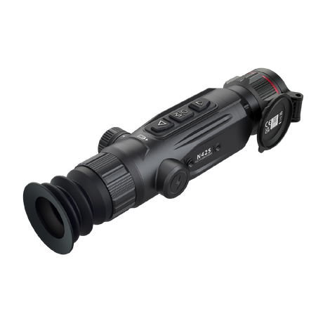 Guide Nova N425 thermal riflescope top view showing the focus knob, mode buttons, and elevation/windage turrets